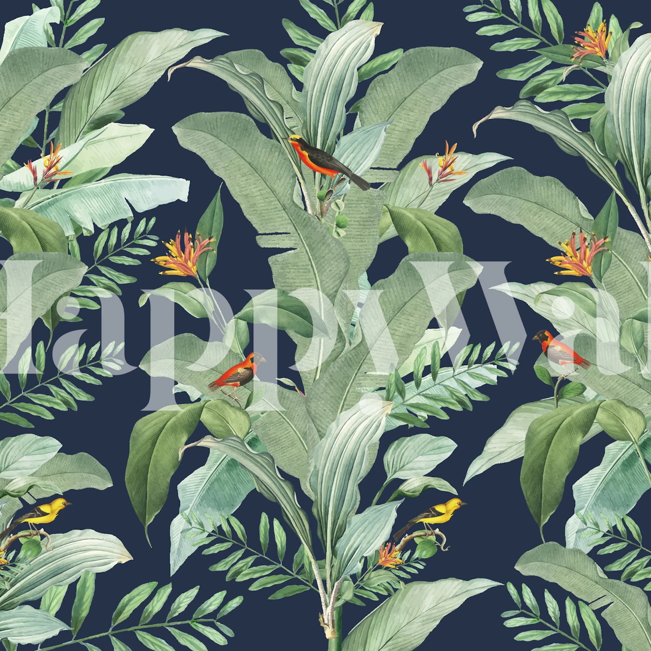 Papel de parede Leaf Bird Blue em um quarto