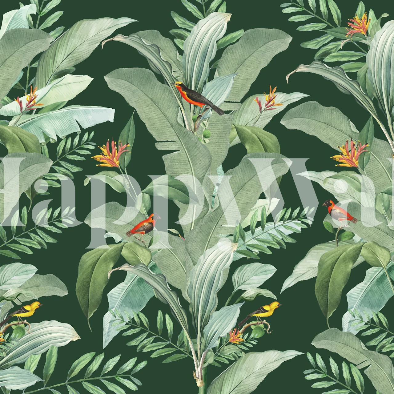 Tropical leaf and bird wall mural with a green color palette