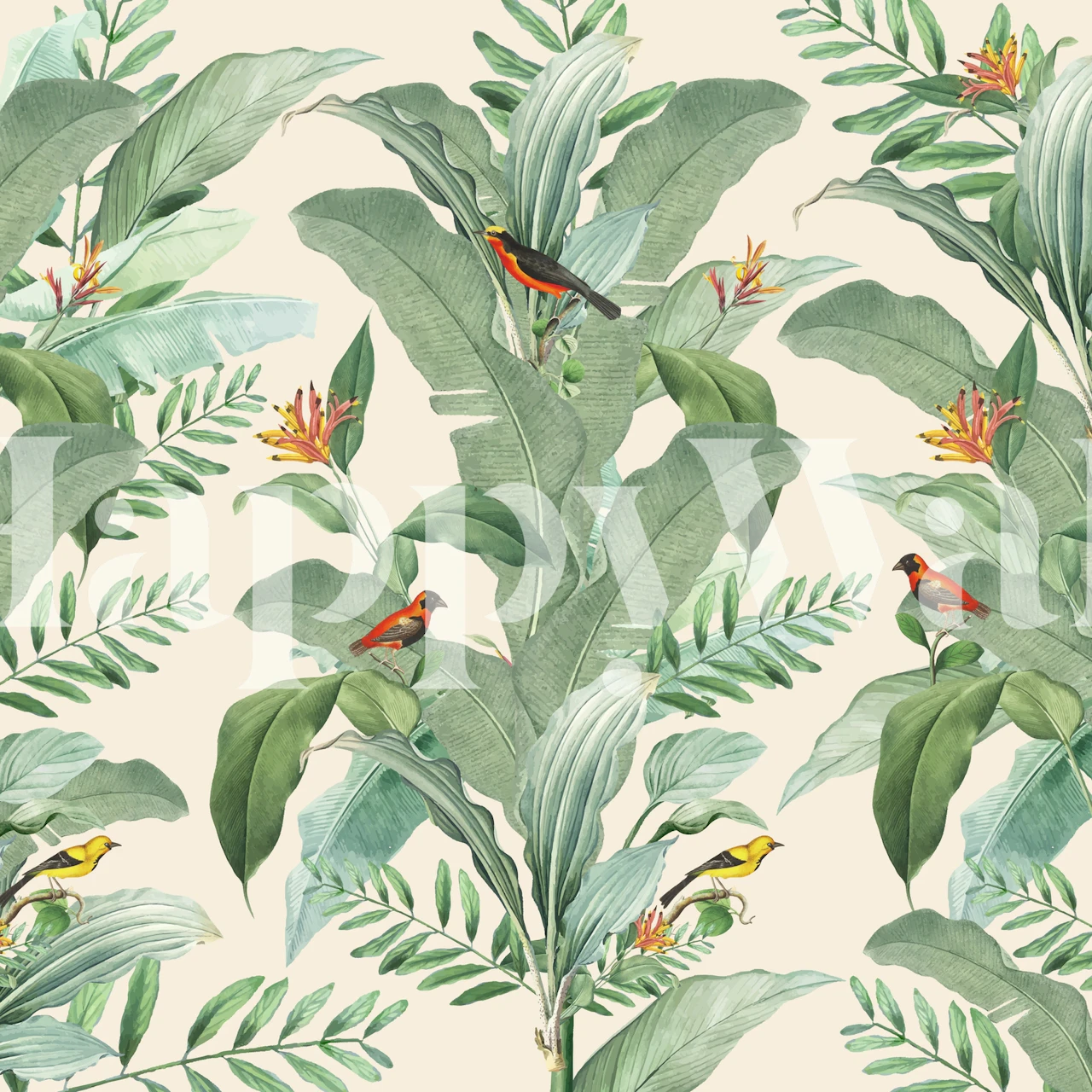 Tropical leaves and colorful birds on a beige background wallpaper