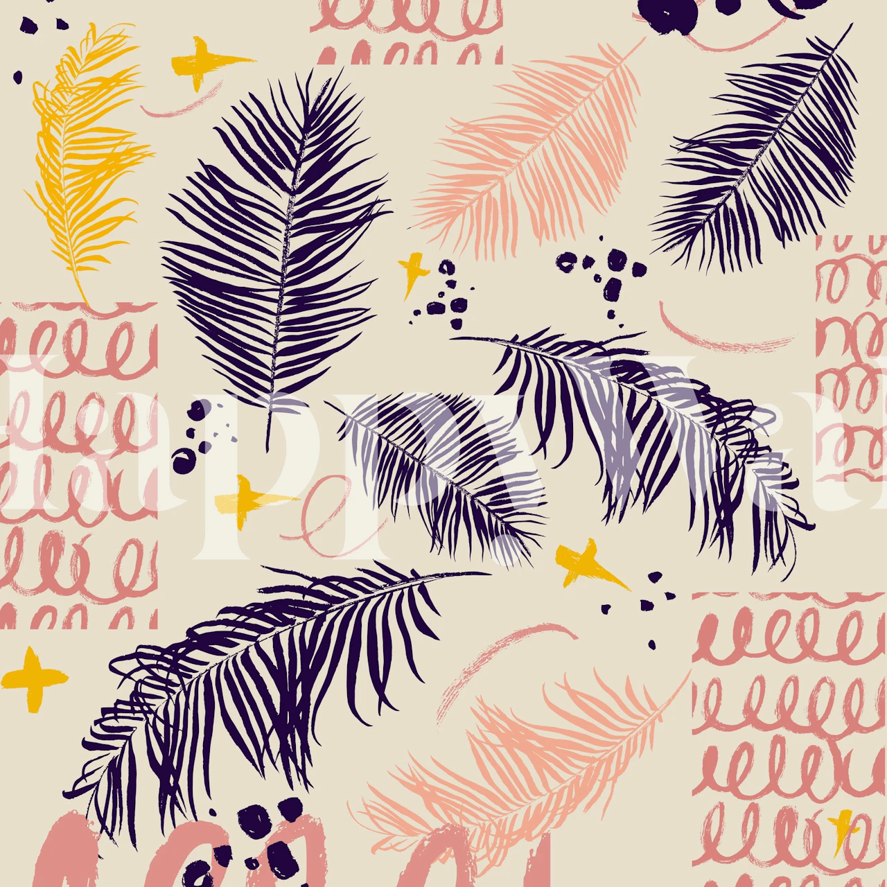Leaf Punk Pink wall mural with tropical foliage and punk elements on a light background