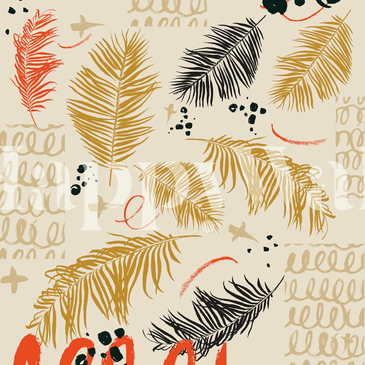 Tropical leaves in gold, black, and red on beige background wallpaper