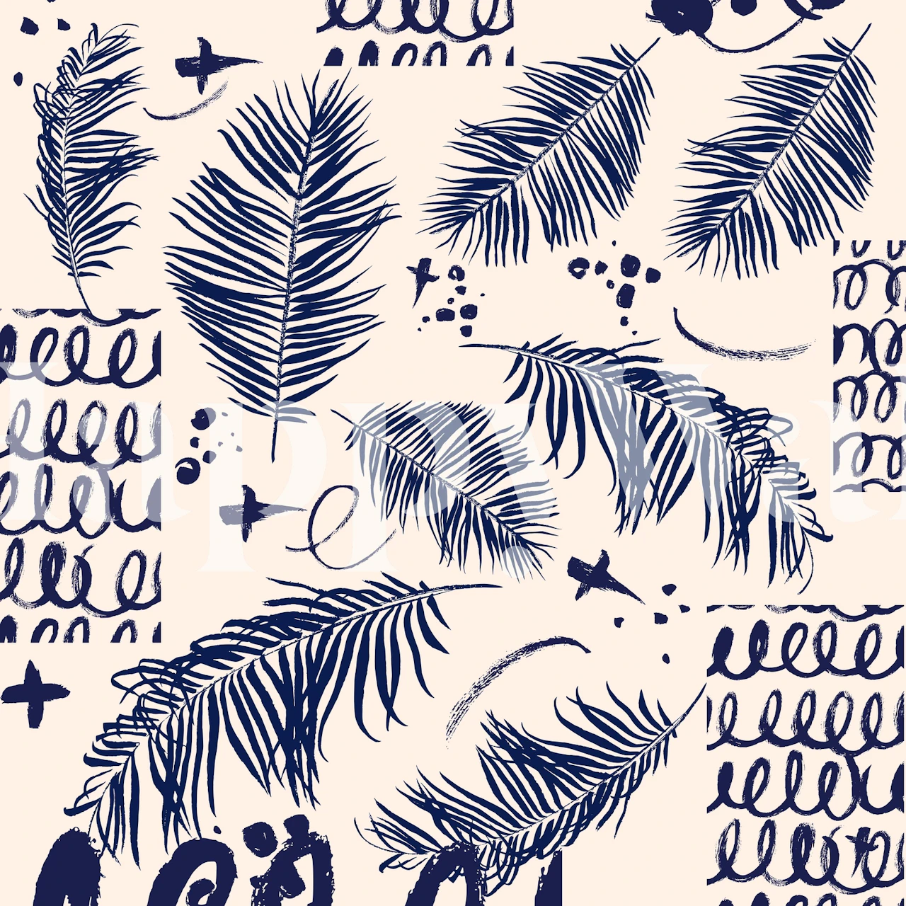 Blue leaf pattern on neutral background wallpaper