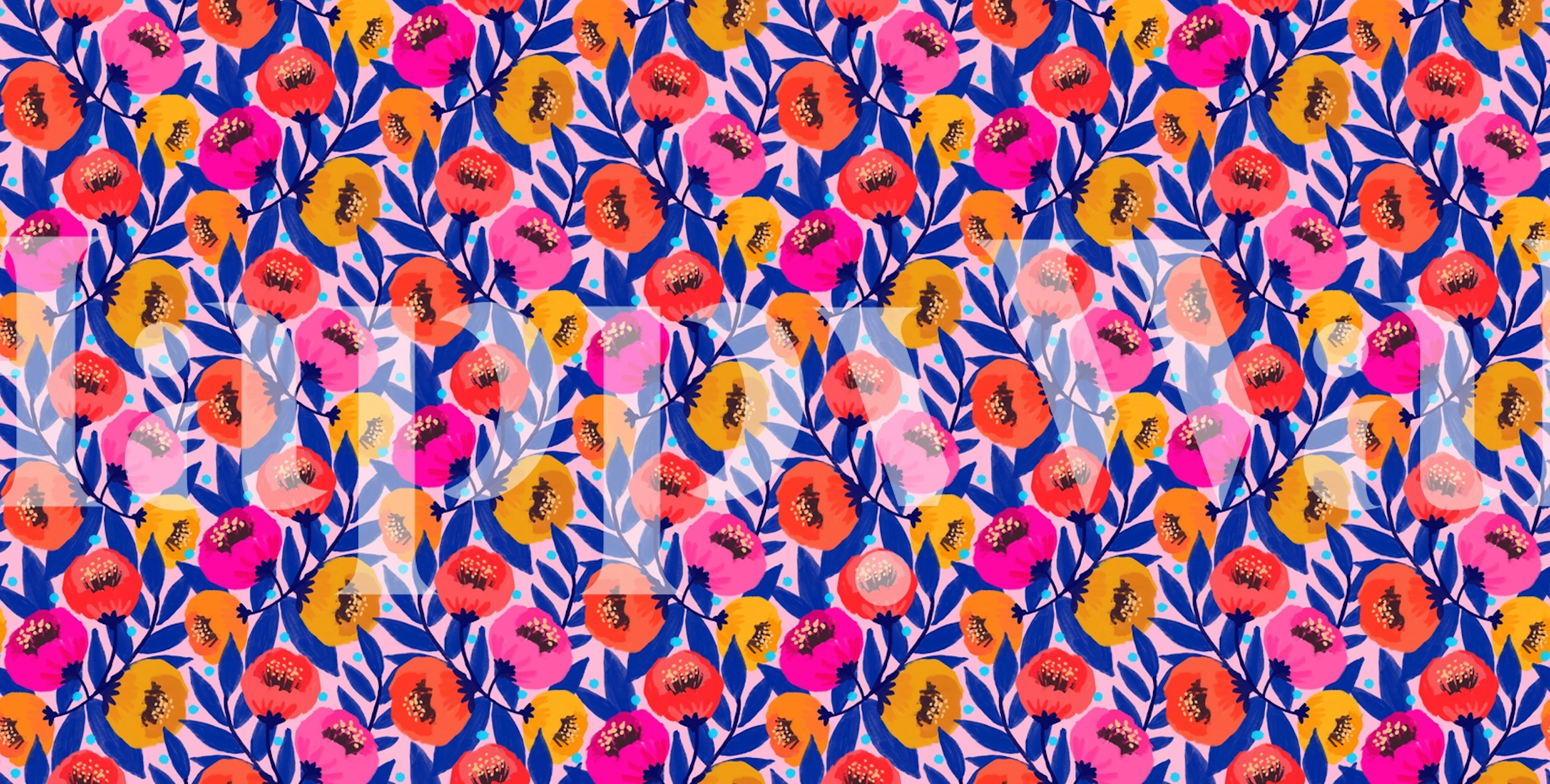 Colorful floral pattern with pink, orange, and blue tones wallpaper