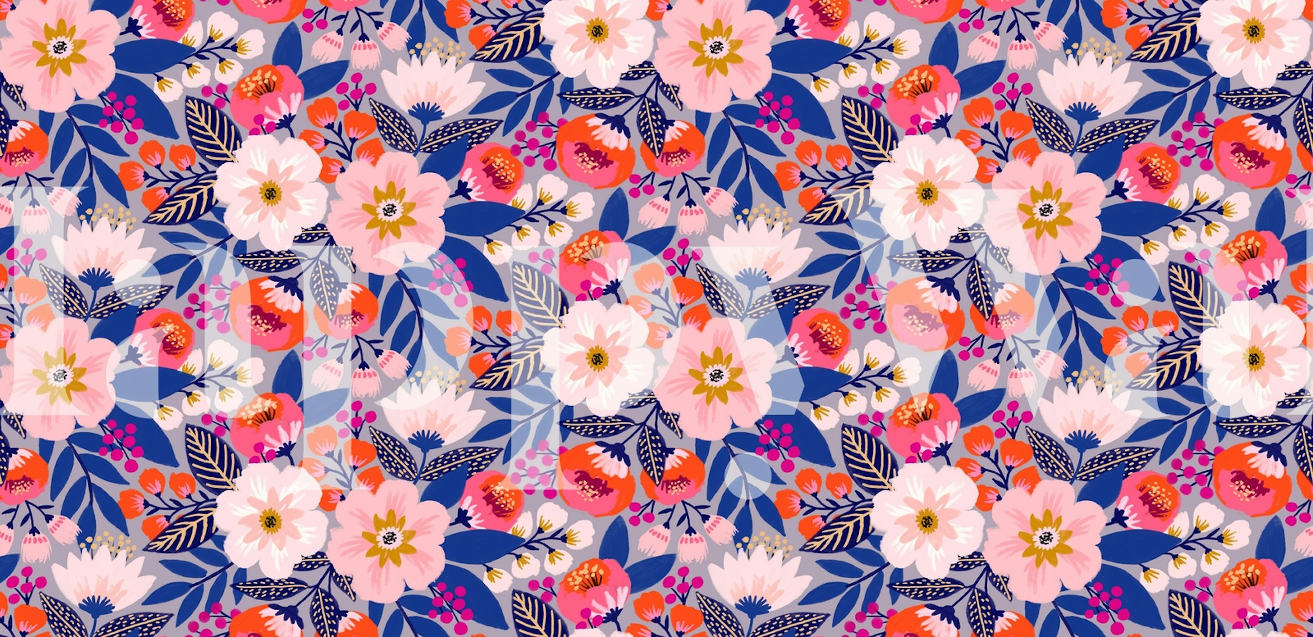 Navy achtergrond met bloemen in roze en oranje, bloemmotieven wallpaper