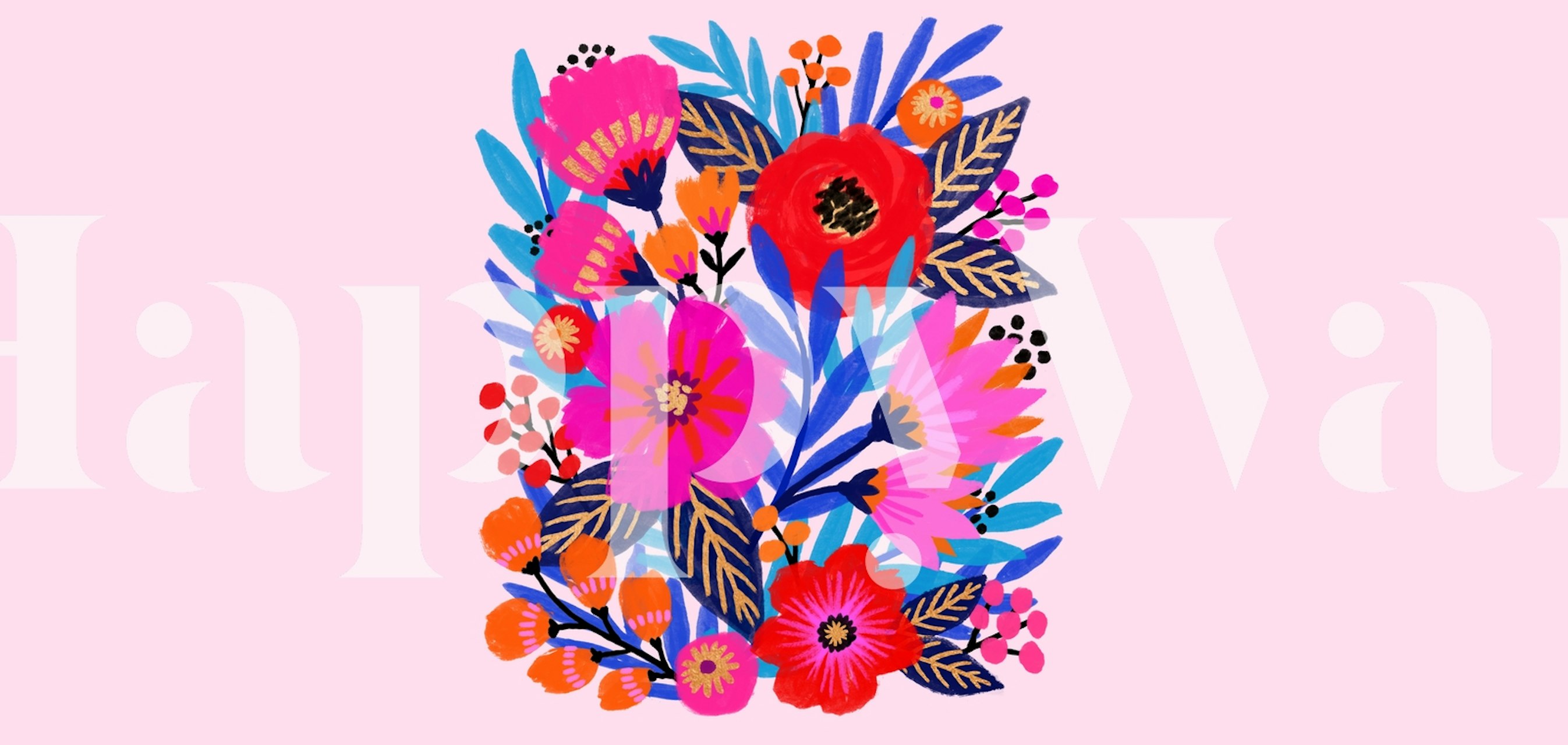 Lyst floral bukett veggmaleri på en rosa bakgrunn