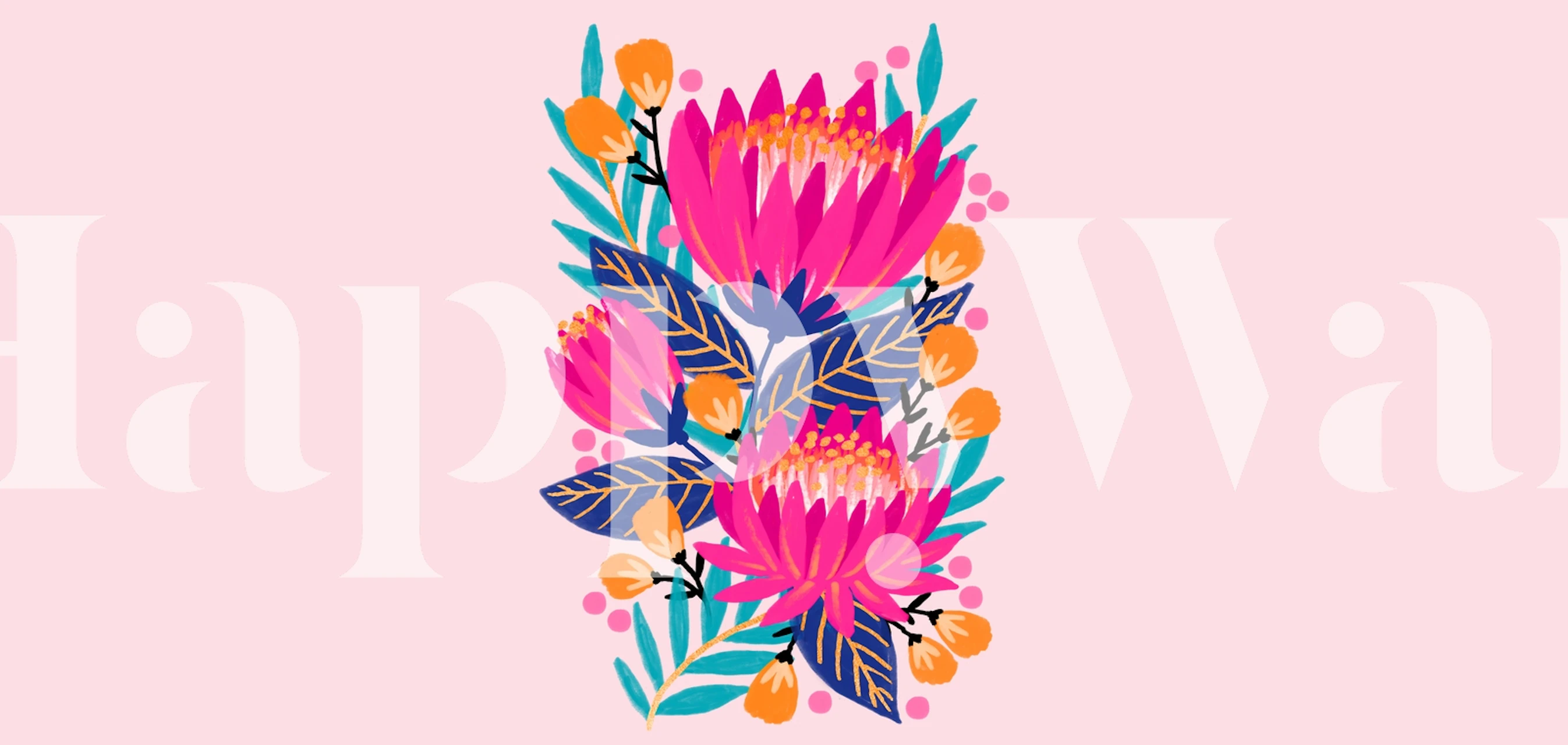 Colorful pink proteas flowers with green leaves wallpaper