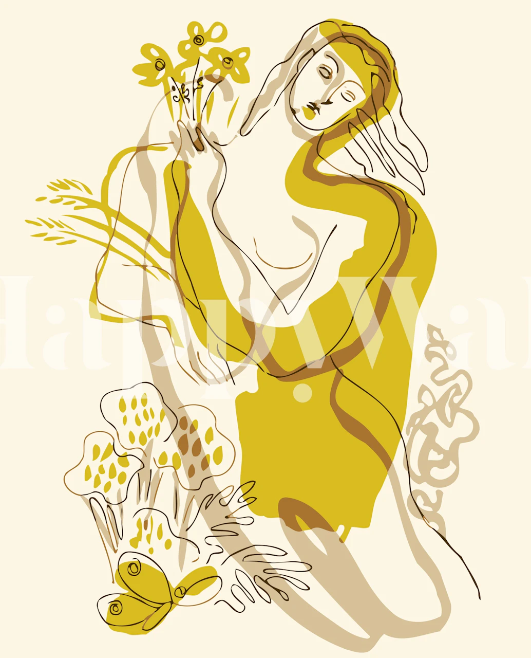 Mid-century style illustration of a woman with mustard yellow dress and flowers