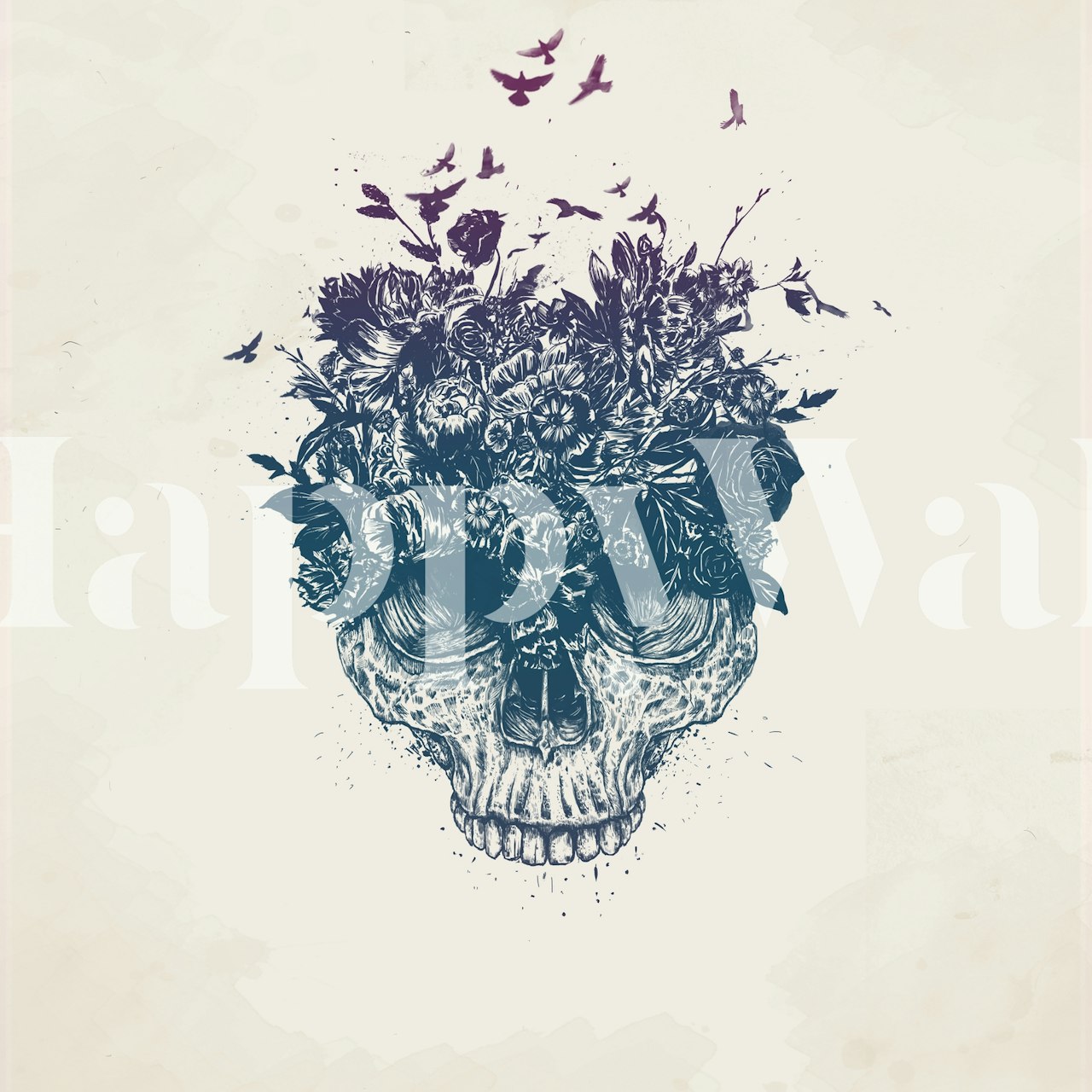 Floral skull wallpaper in a room