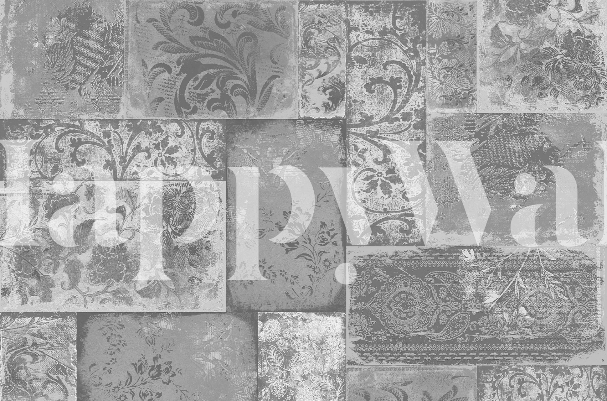Gray floral patchwork wallpaper with textured patterns