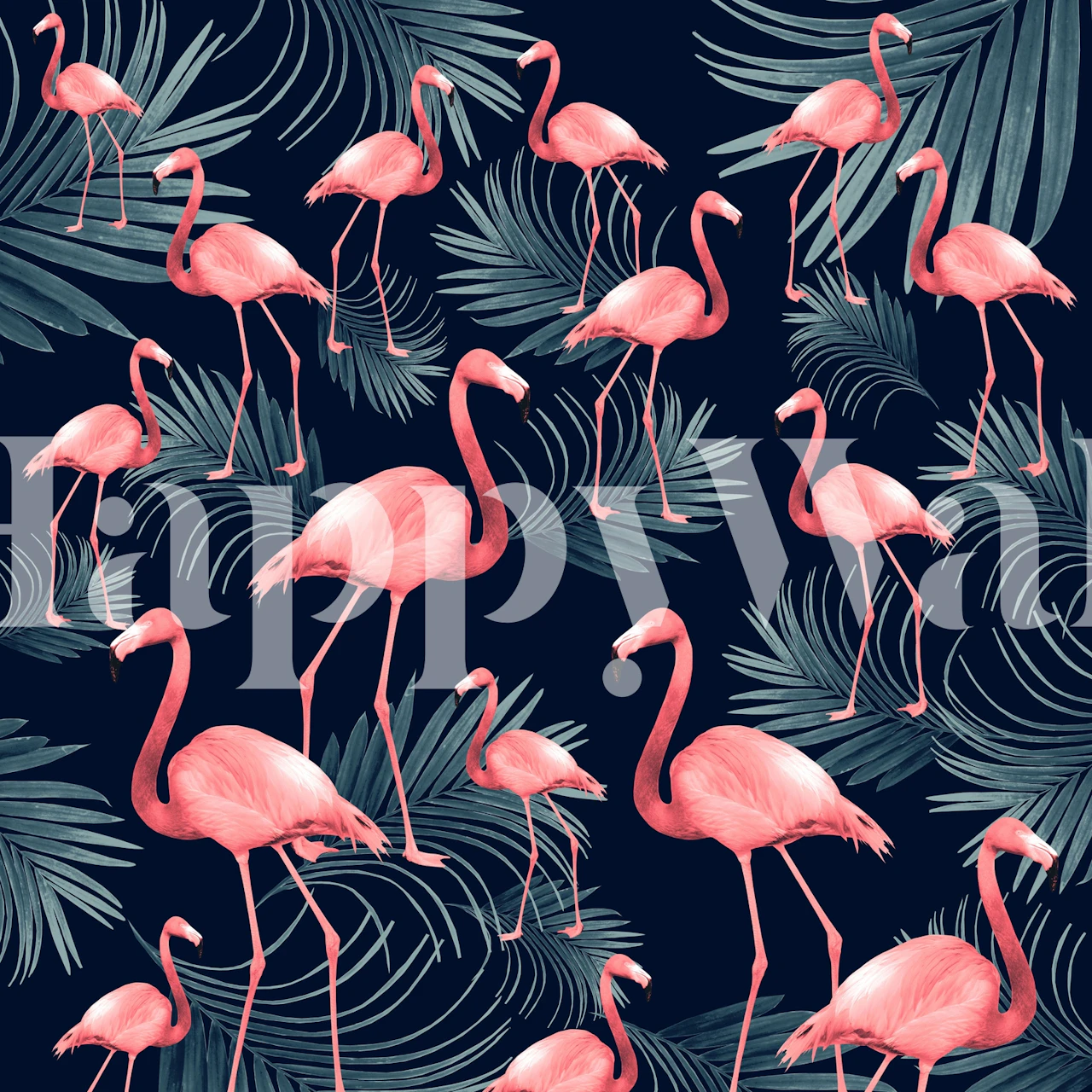 Tropical scene with pink flamingos and palm leaves on dark background wallpaper