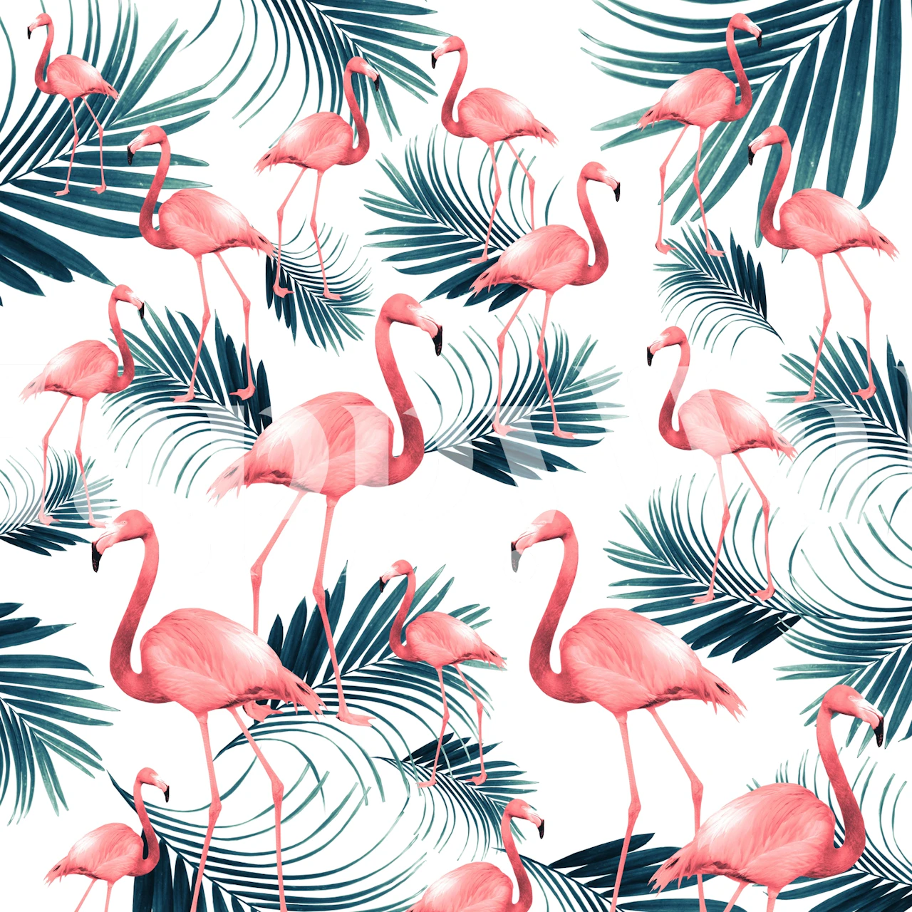 Flamingos and palm leaves on white background wallpaper