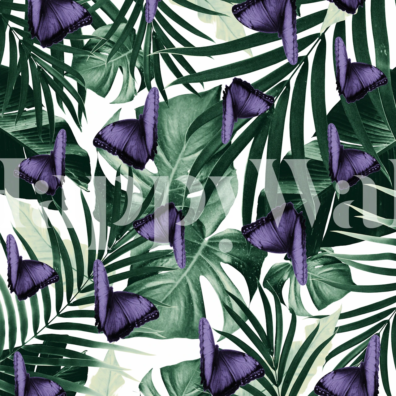 Tropical wallpaper with purple butterflies and green leaves