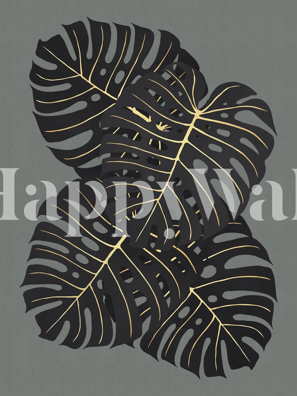 Gouden aderen op donkere bladeren muurschildering voor een elegant interieur