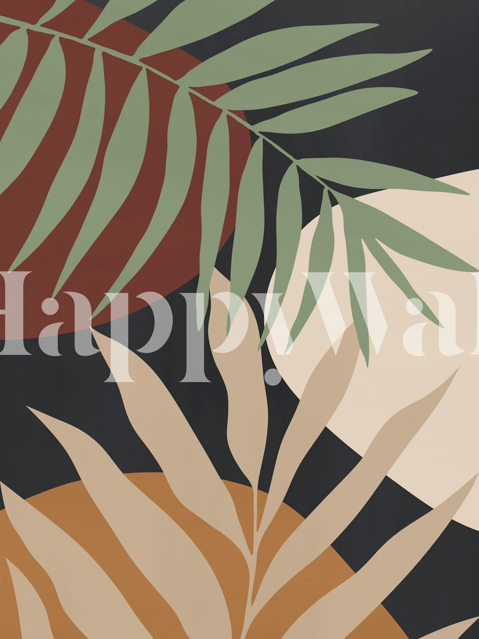 Abstract leaf pattern wall mural in hues of green, beige, and brown