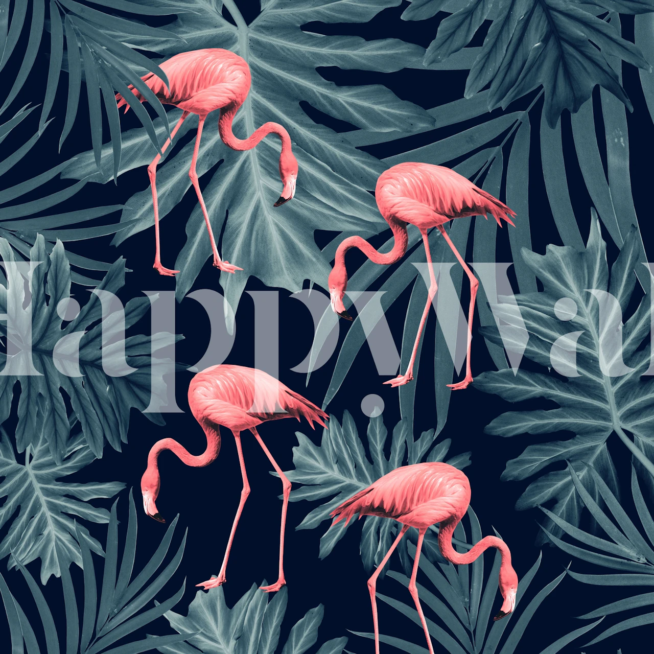 Pink flamingos among dark tropical leaves wall mural