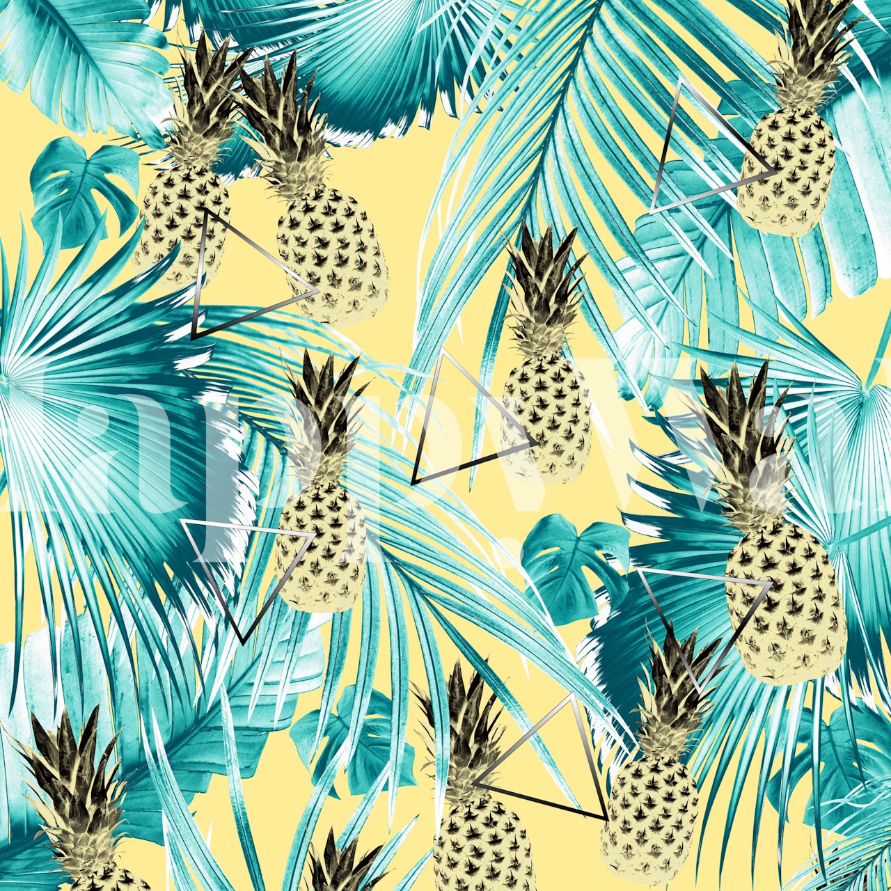 Tropical pineapple and palm leaves wallpaper in yellow and green