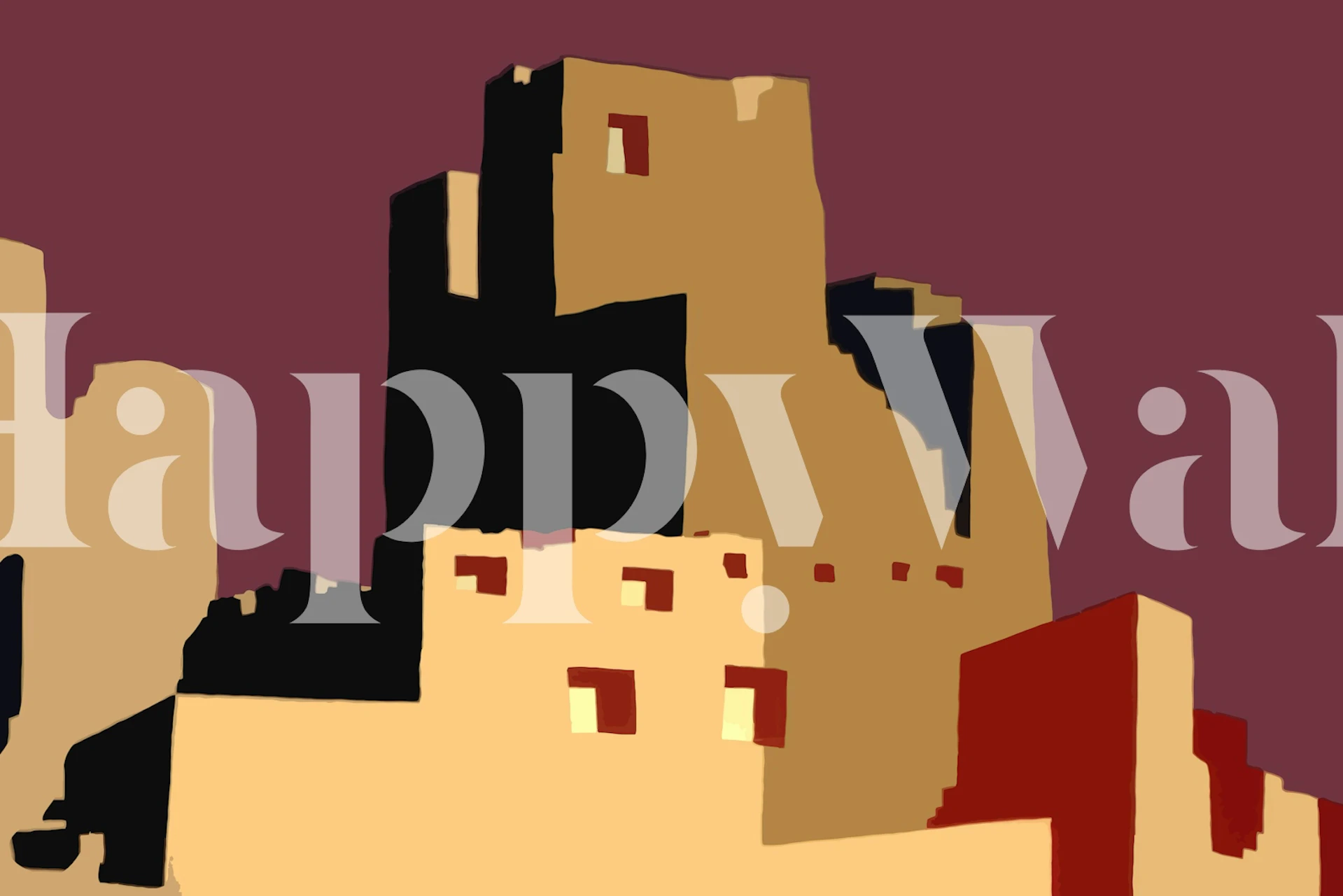 Stylized wall mural depicting New Mexico Native Village with adobe houses