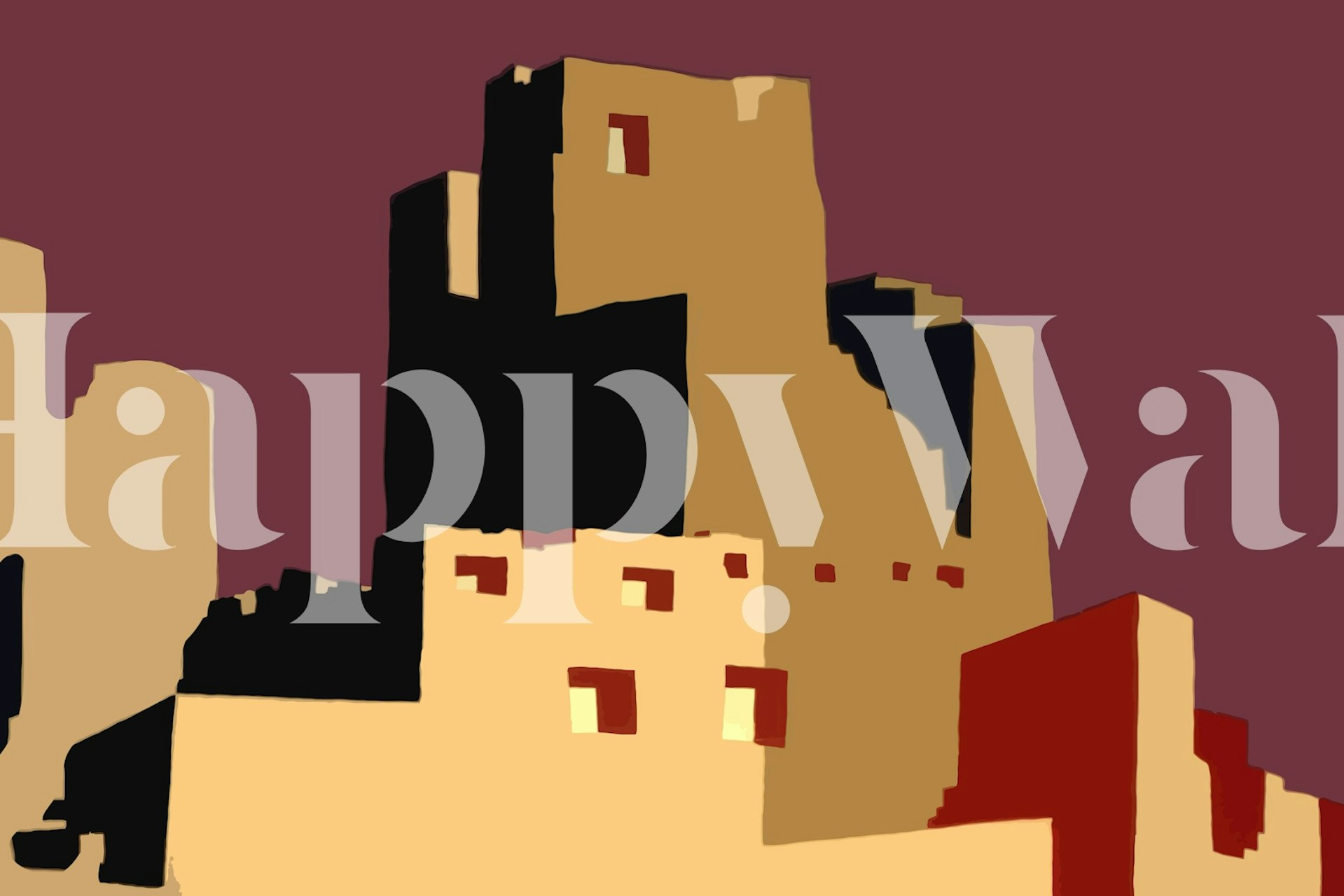 Stilisiertes Wandbild, das ein Indianerdorf in New Mexico mit Lehmhäusern darstellt