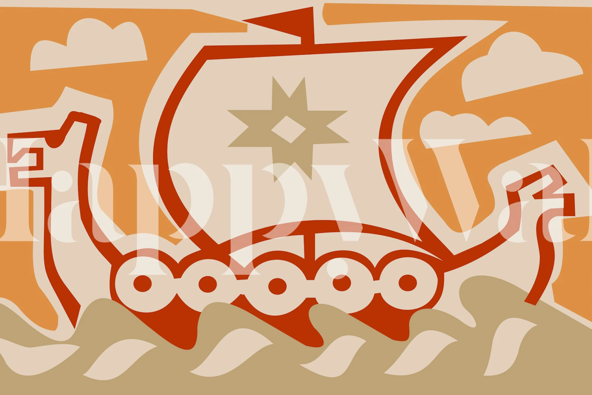 Viking ship design in orange and beige colors, abstract style wallpaper
