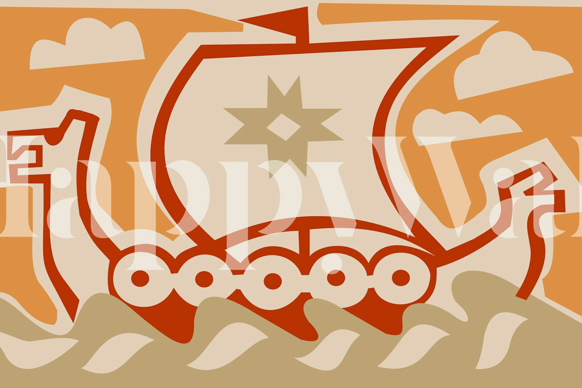 Viking ship design in orange and beige colors, abstract style wallpaper