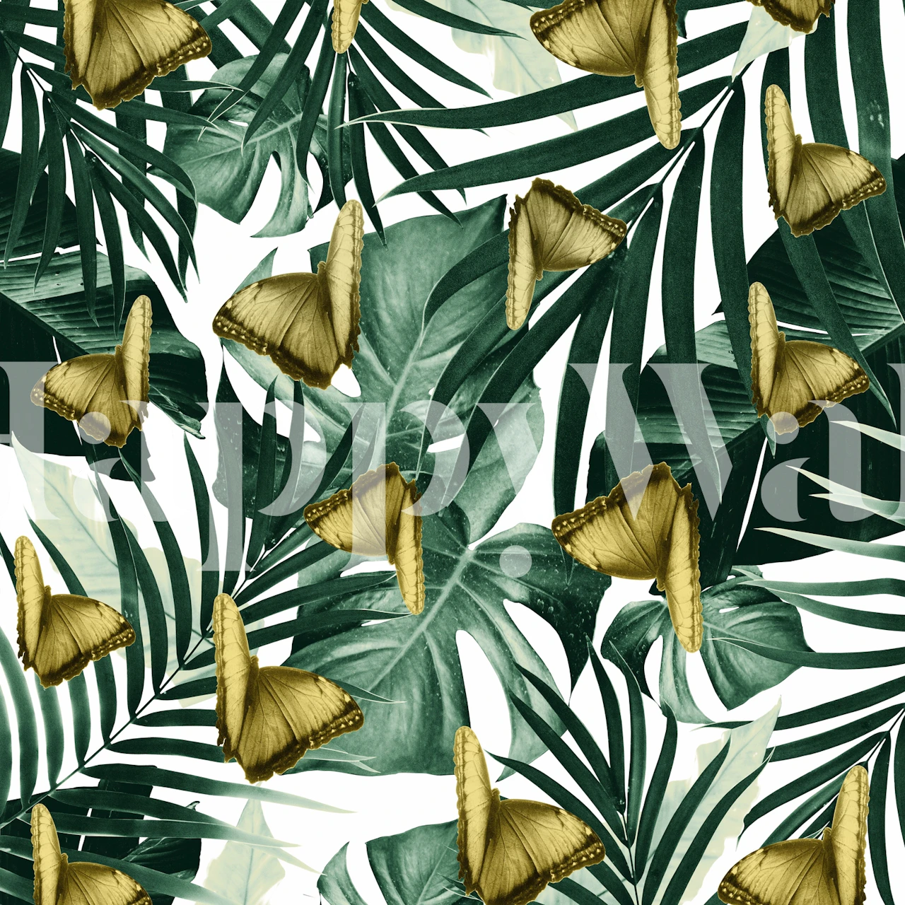 Tropical leaves and golden butterflies on white wallpaper