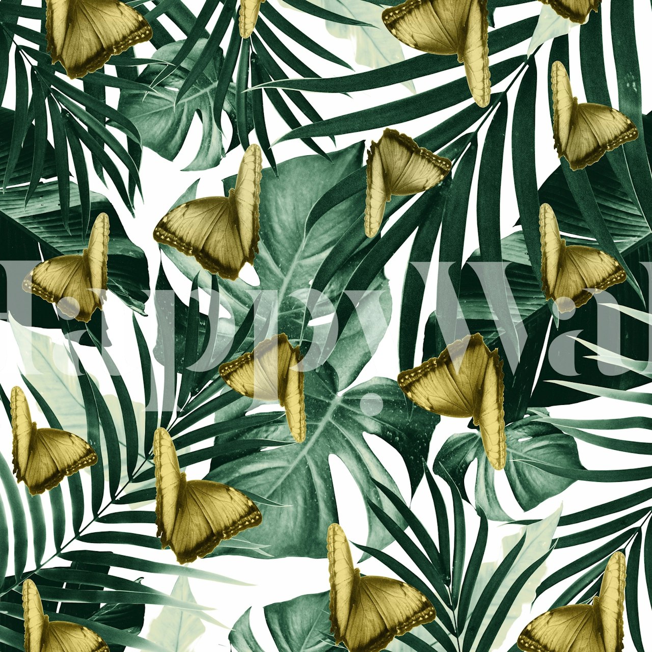 Tropical leaves and golden butterflies on white wallpaper