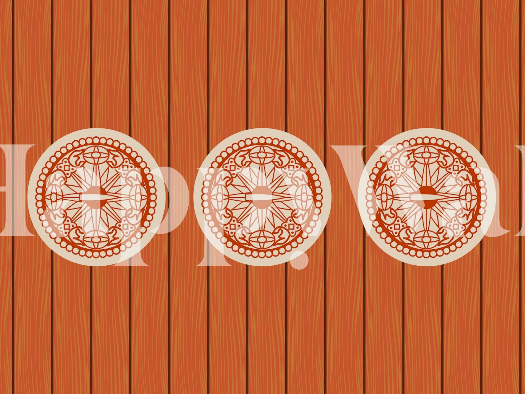 Rustic wood wallpaper featuring round decorative patterns in orange and cream