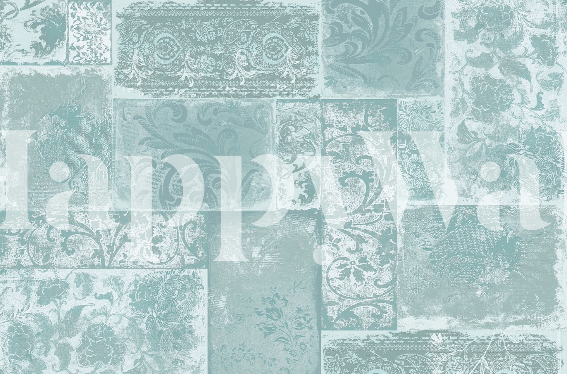 Czeska patchworkowa turkusowa fototapeta z mieszanką ozdobnych wzorów w delikatnych odcieniach.