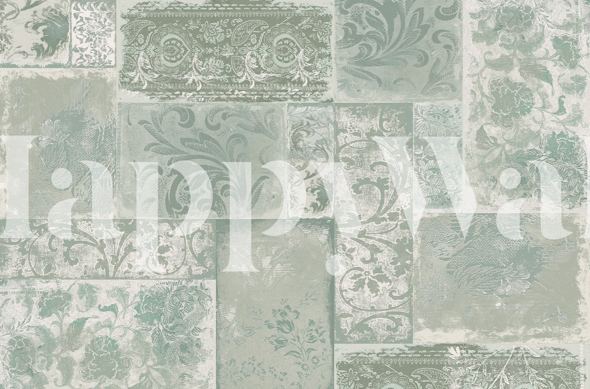 Mint cream patchwork wallpaper with floral designs and textures