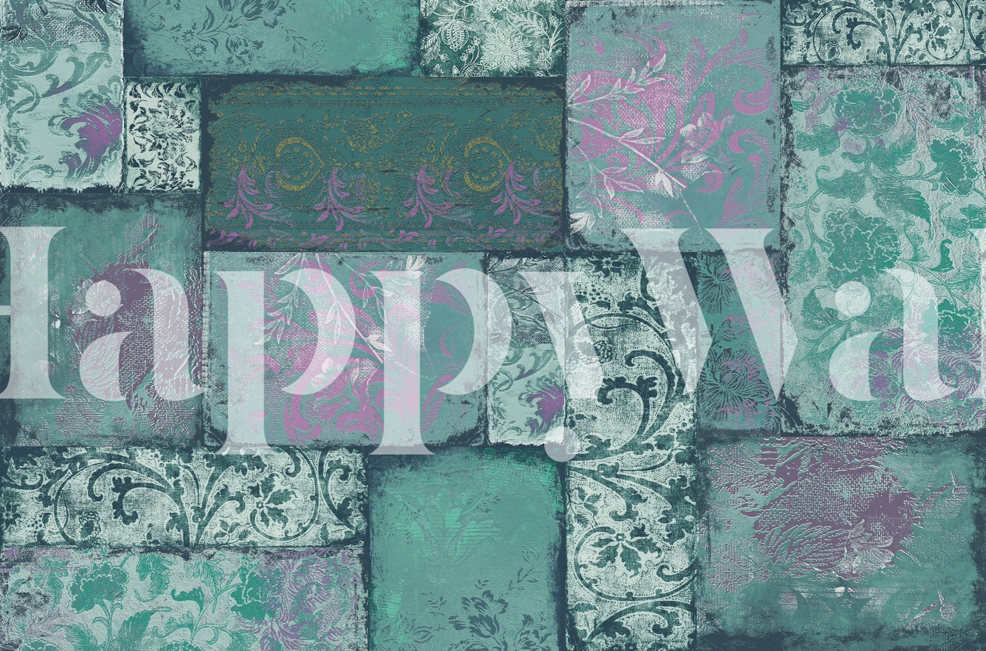 Mural de parede Bohemian Patchwork Viridian com padrões intrincados e motivos florais