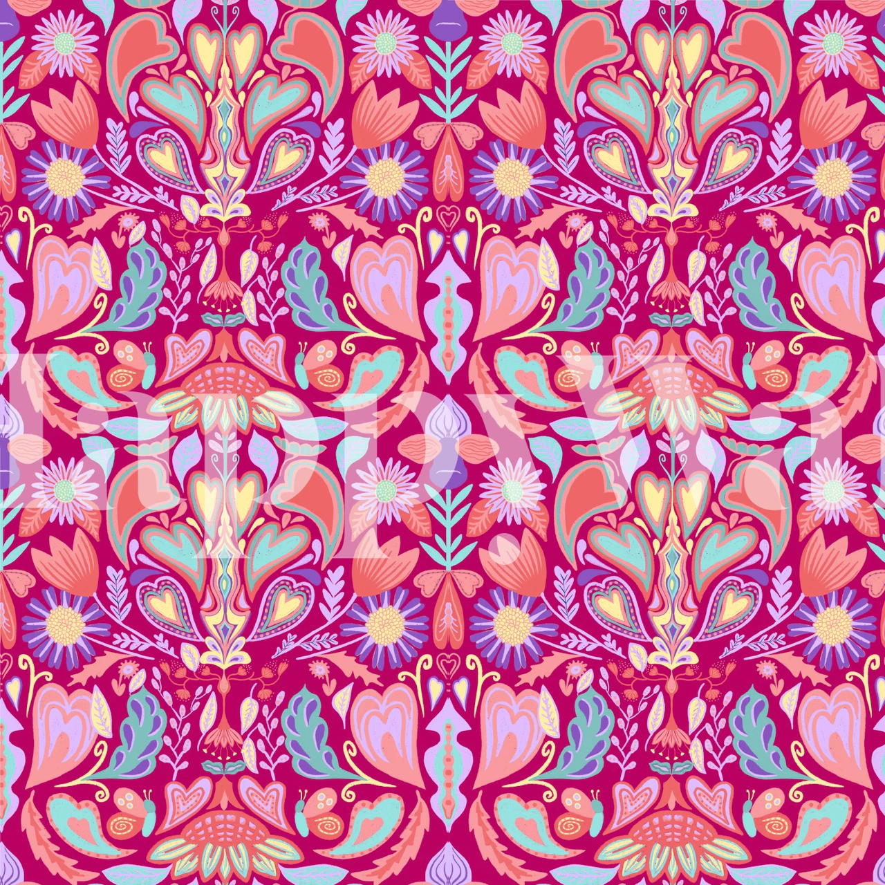 Colorful flower and heart patterns in pink, blue, and green wallpaper