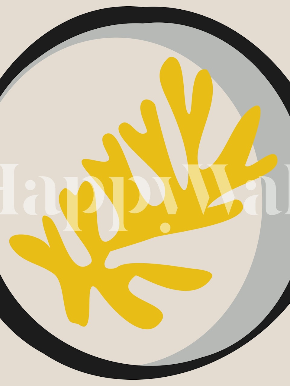 Yellow leaf design with black outline on cream background wallpaper