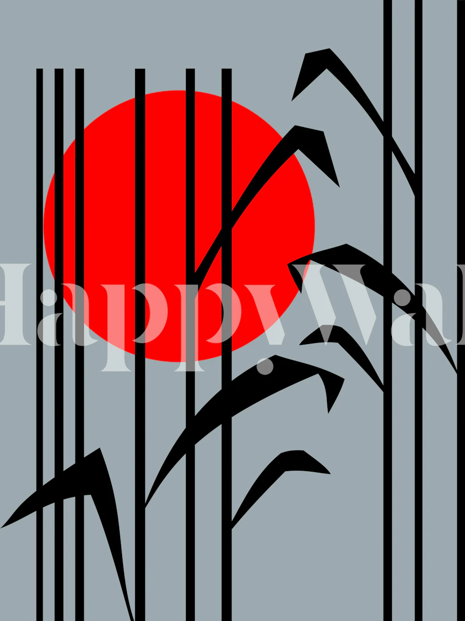 Bold red sun with black bamboo silhouettes on gray wallpaper