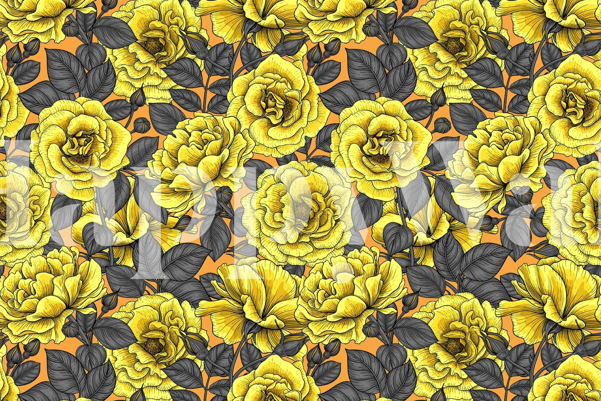 Yellow roses with black leaves floral wallpaper