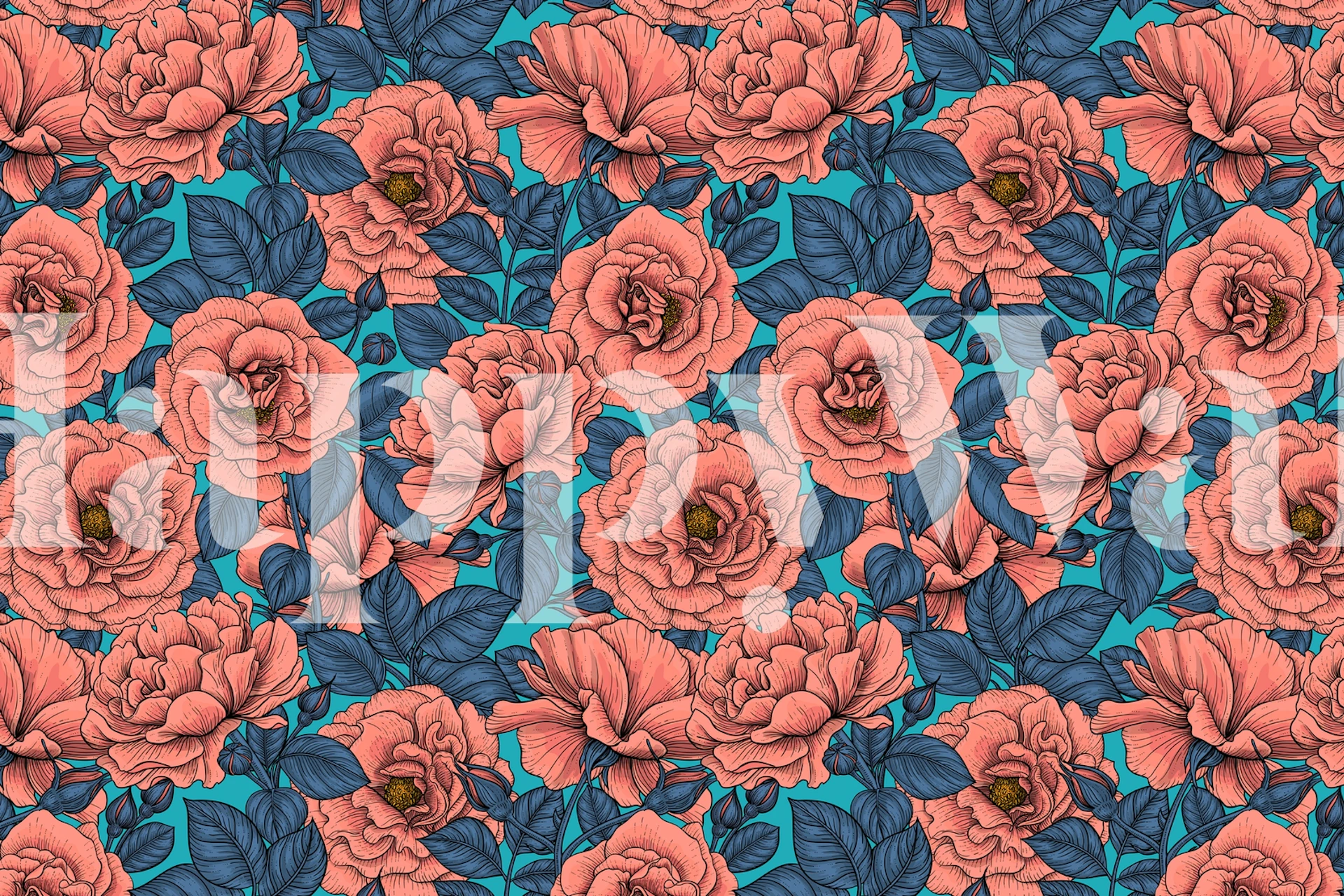 Pink roses pattern on blue background wall mural