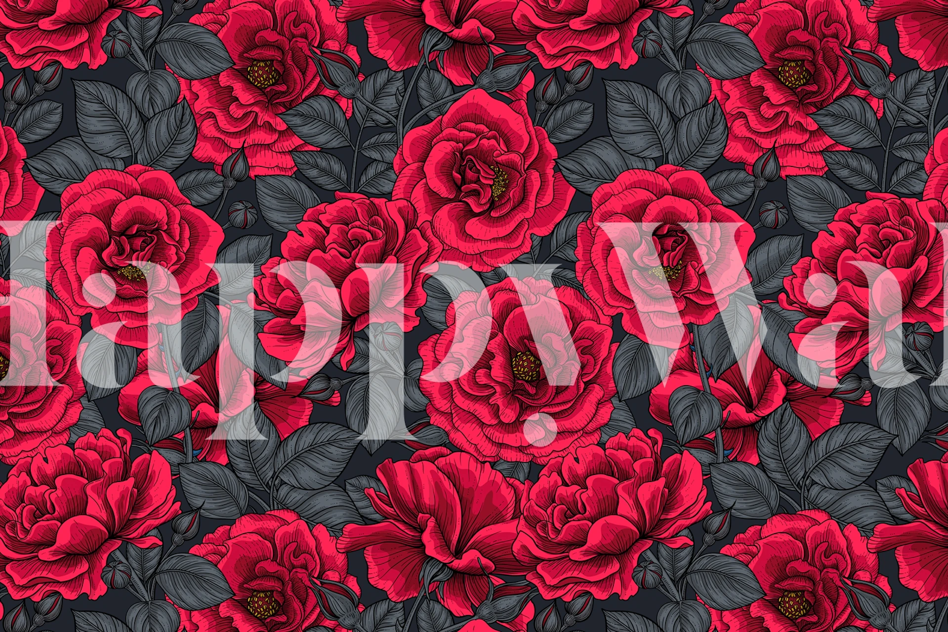 Red roses with green leaves on dark background wallpaper