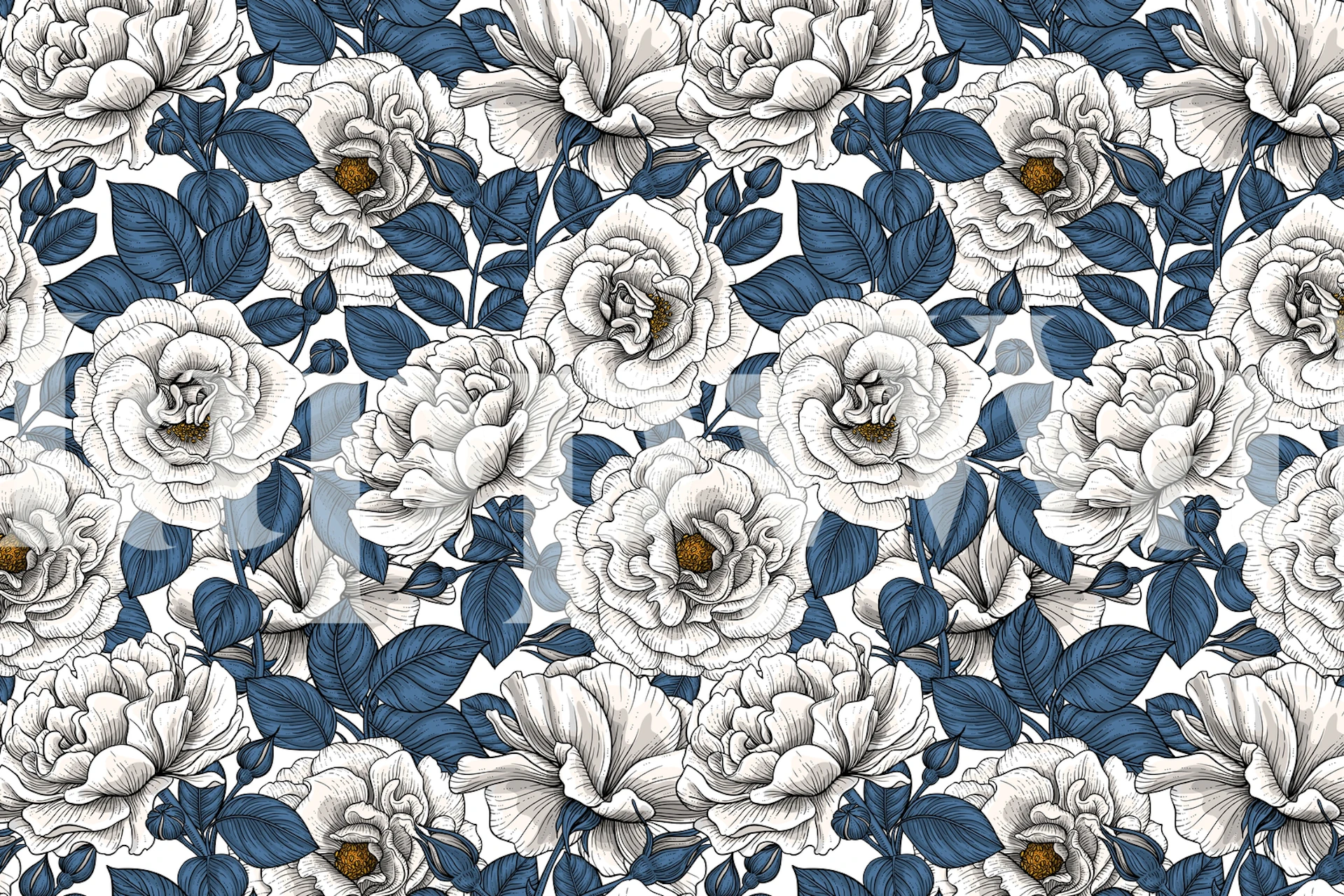 White roses floral wallpaper in a room