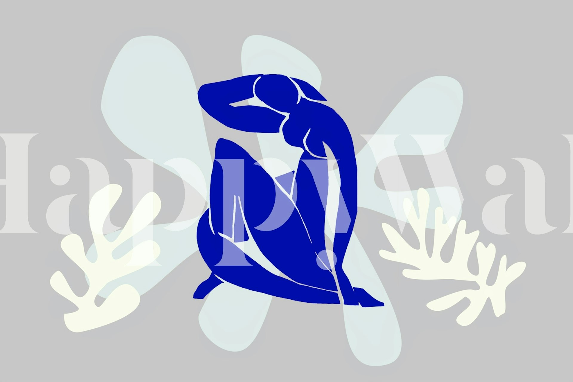 Matisse-inspired blue botanical shapes on a grey background wall mural