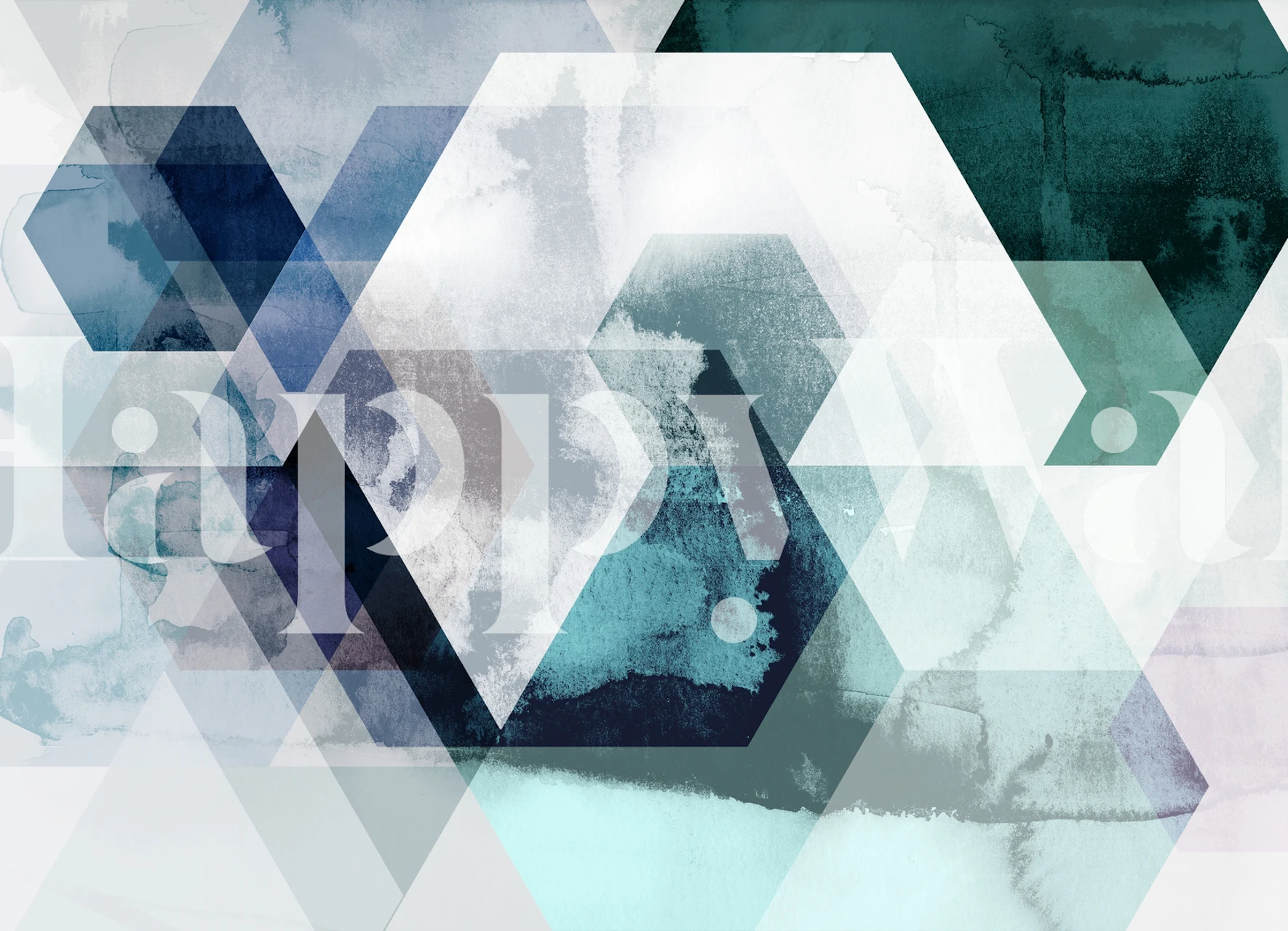 Hexagones transparent bleus et verts sur fond blanc wallpaper