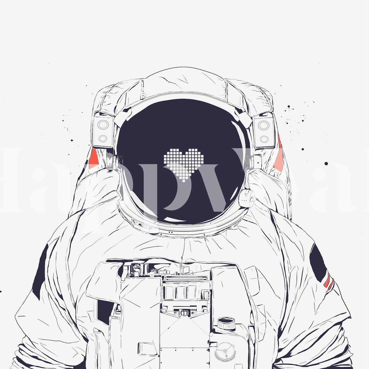 Illustration of an astronaut with a heart on the helmet in black and white wallpaper