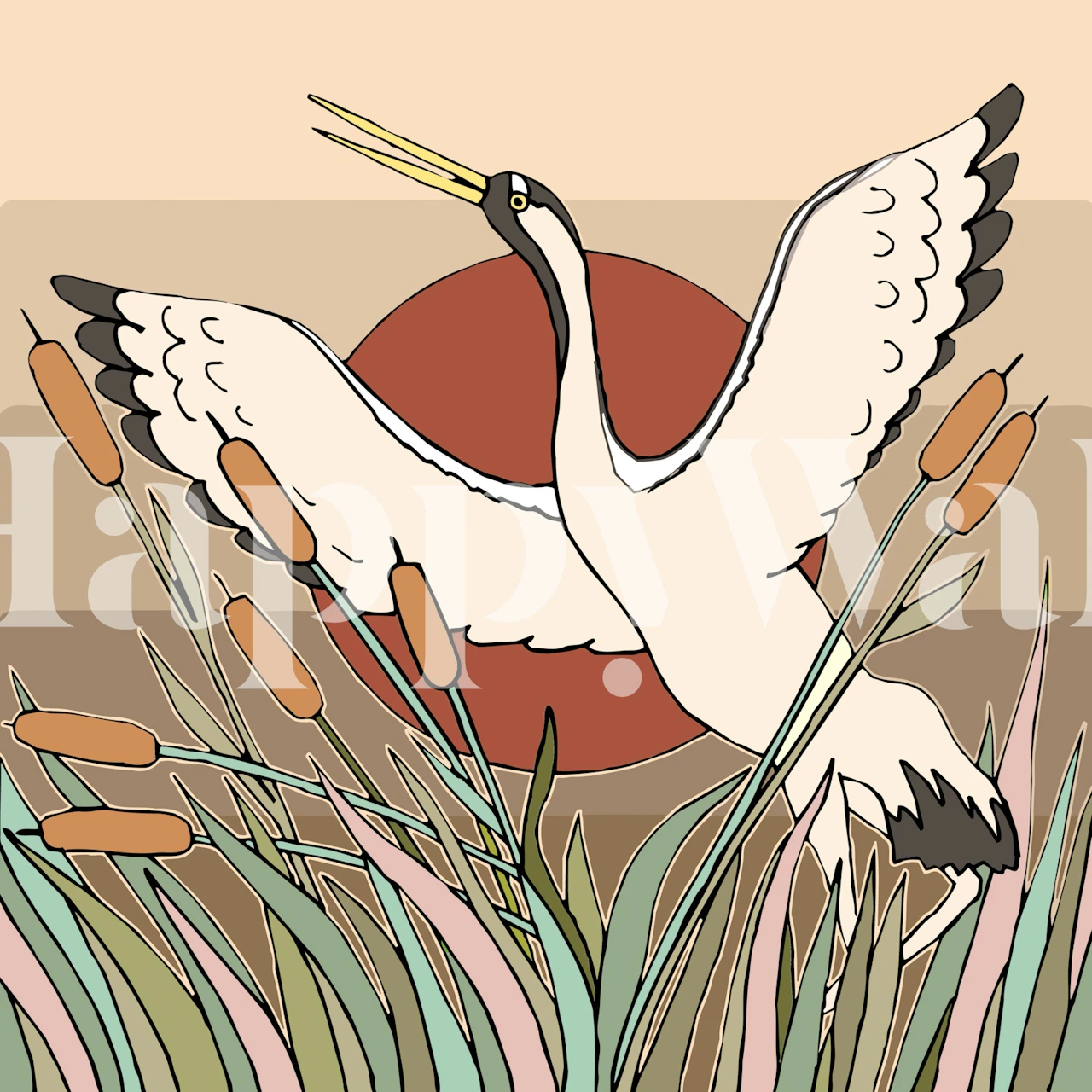 Japan Crane Bird wall mural with graceful crane in a serene Japanese setting