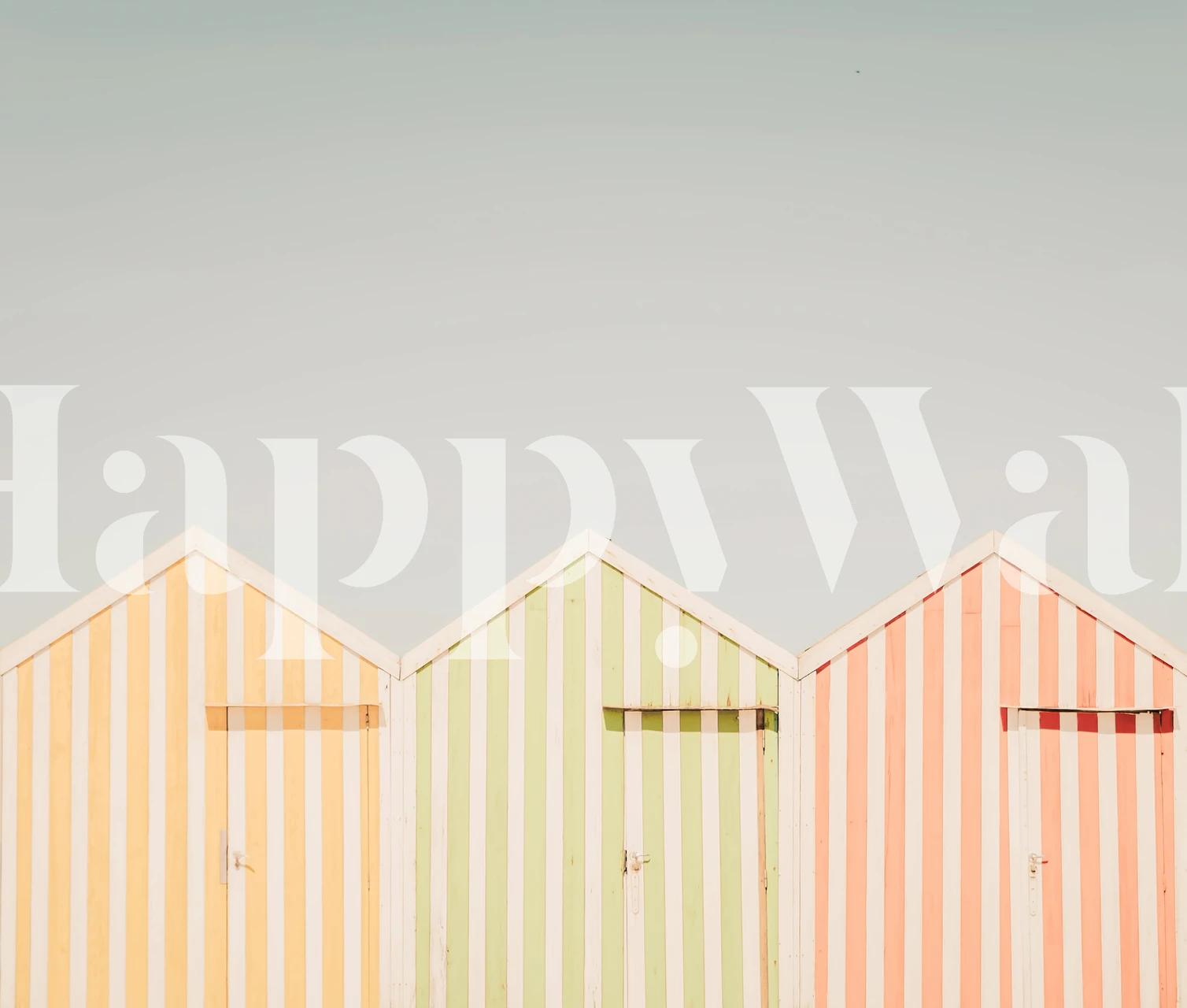 Pastel striped beach huts in yellow, green, and pink wallpaper