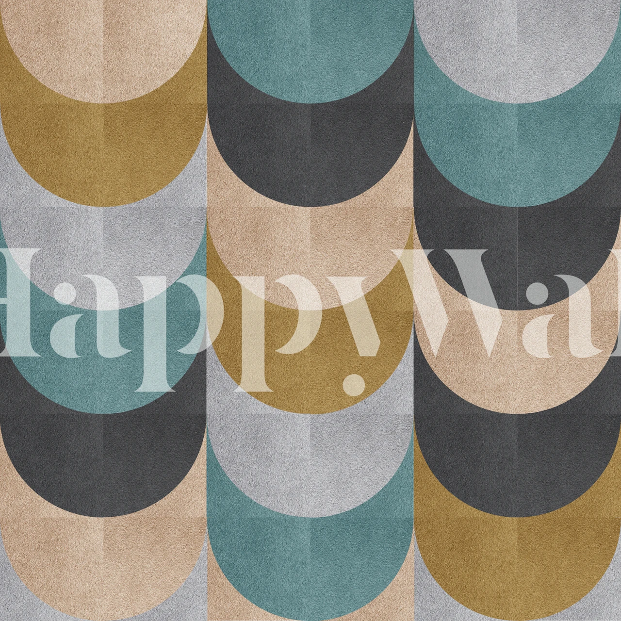 Geometric wallpaper featuring circles in teal, gold, grey and black