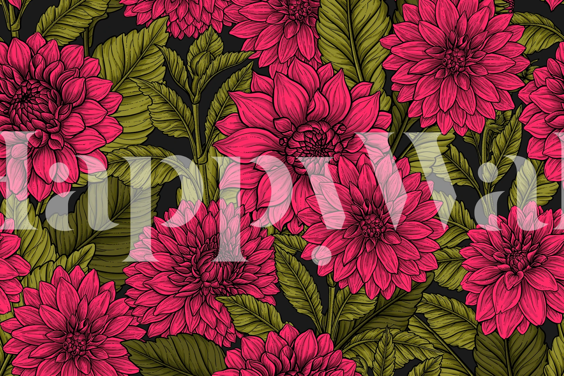 Red dahlia flowers with green leaves floral wallpaper