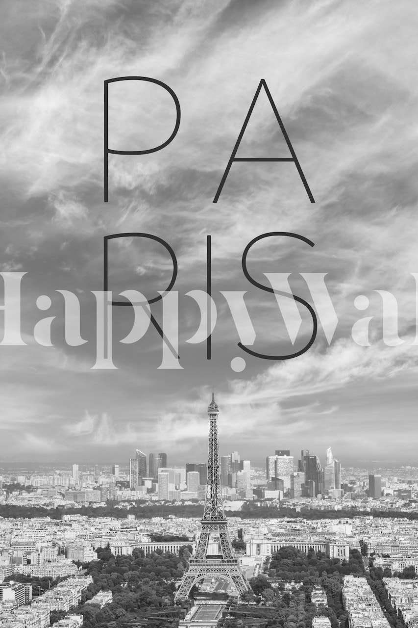 Black and white Paris skyline wallpaper featuring the Eiffel Tower and cityscape