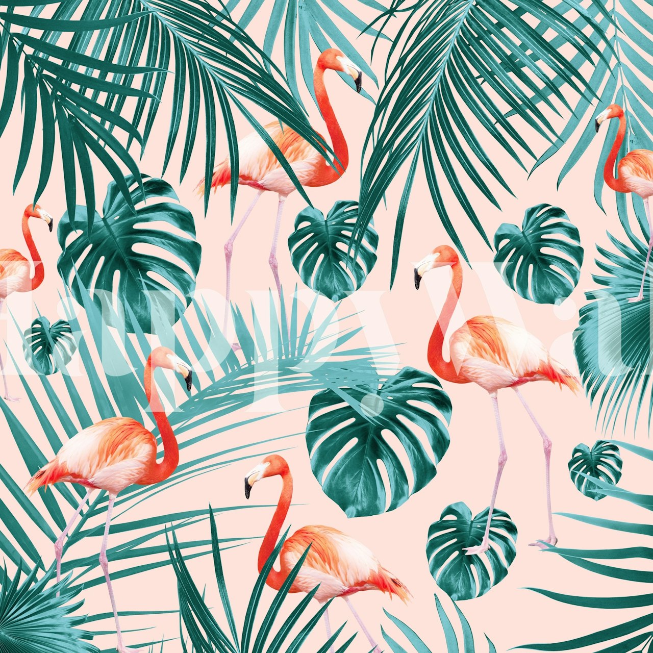Tropical flora featuring pink flamingos and leafy green plants wallpaper
