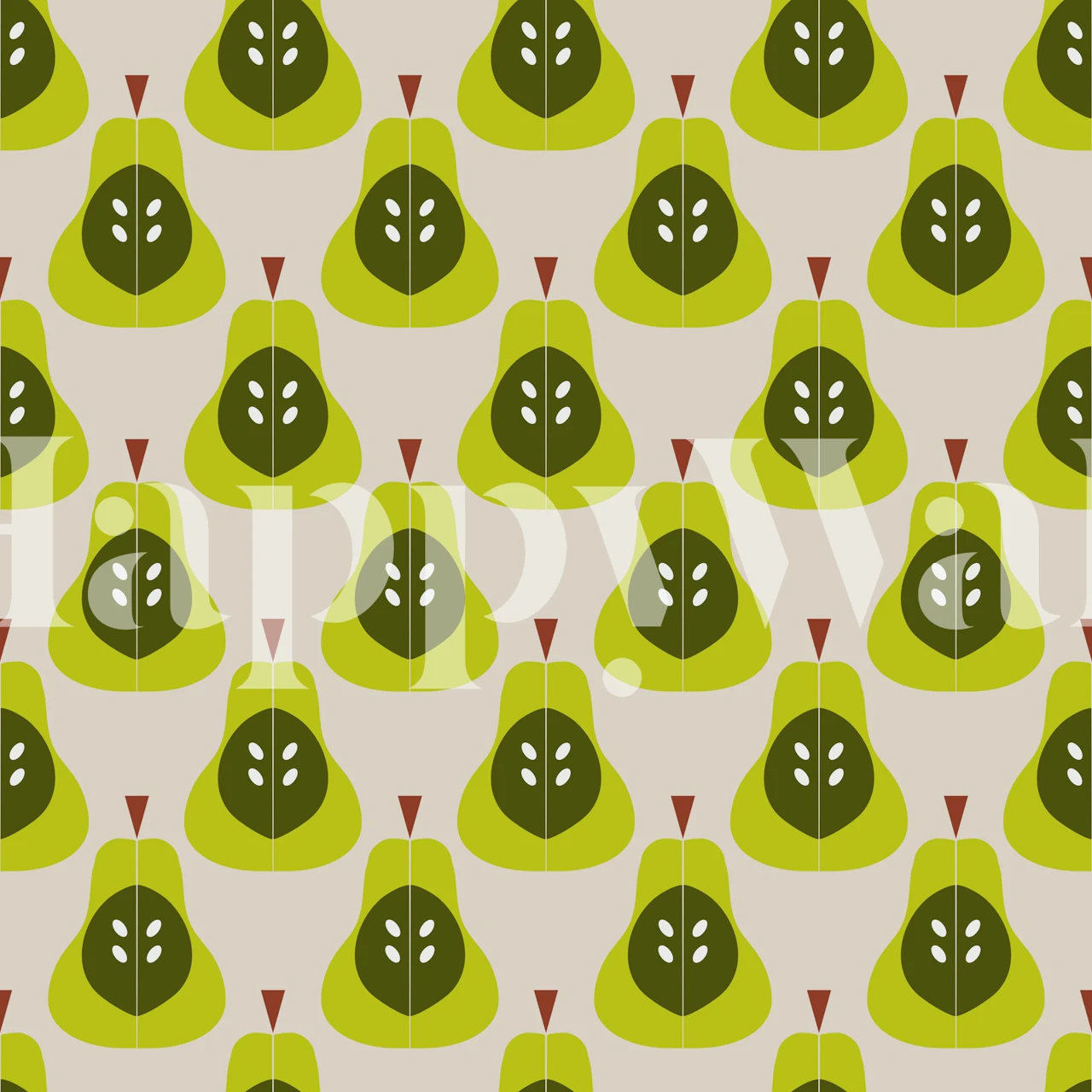Green Pears wall mural with stylized pear and leaf pattern on neutral background