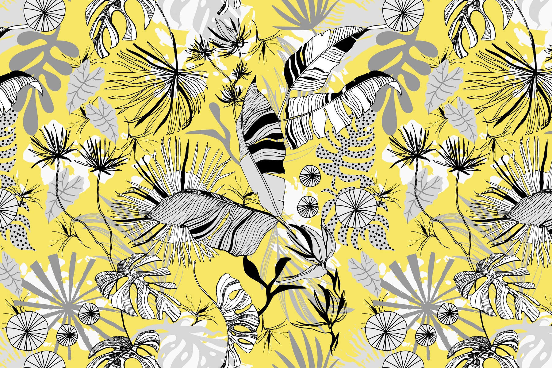 Tropical Gray and Yellow Wallpaper Happywall