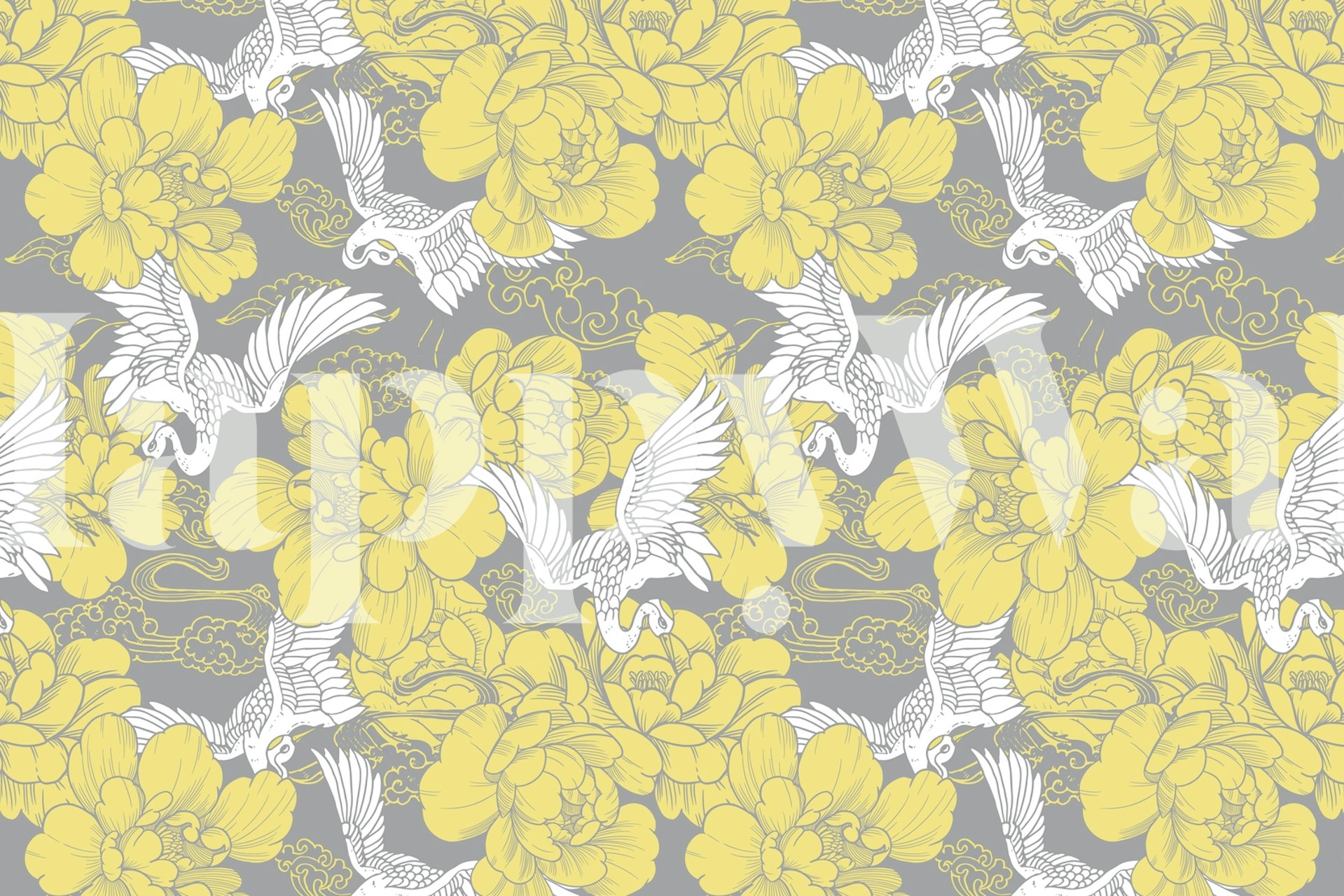 Gray-yellow crane flight wallpaper design