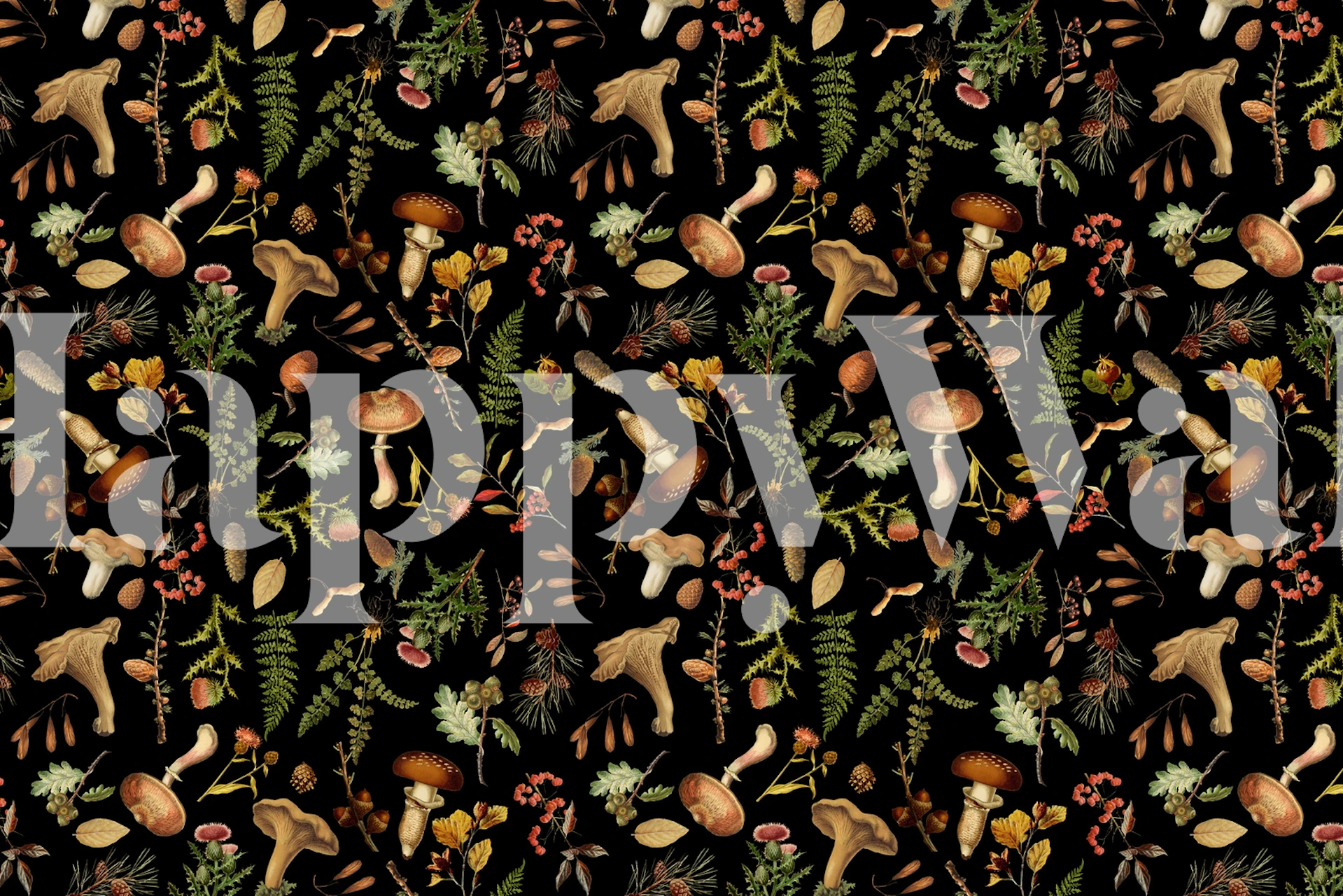 Vintage-geïnspireerde fotobehang met een scala aan paddenstoelen tegen een donkere achtergrond, waardoor een bosachtig tafereel ontstaat.